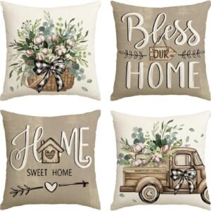 AVOIN colorlife Bless Our Home Farmhouse Eucalyptus Leaves Throw Pillow Covers, 18 x 18 Inch Truck Home Sweet Home Cushion Case Decorations Set of 4