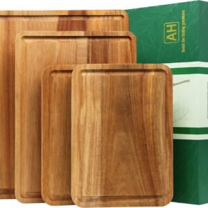 AZRHOM Large Wood Cutting Boards Set of 4 for Kitchen Cheese Charcuterie Board (Gift Box Included) Acacia Butcher Block with Non-slip Mats, Juice Groove and Handles (16x12, 14x10, double 11x8 inch)-4