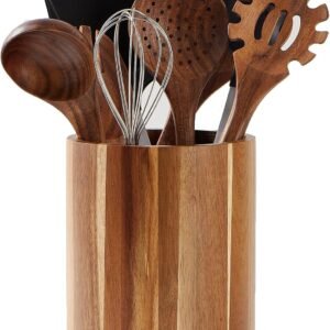 Acacia Wood Utensil Holder for Kitchen Counter, 360° Rotating 7.2" Wooden Cooking Utensil Crock for Countertop, Farmhouse Kitchen Decor