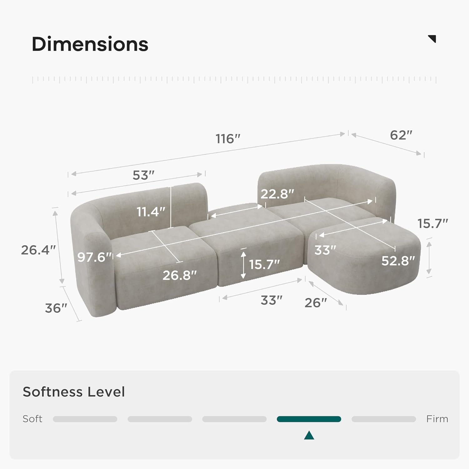 Acanva Luxury Modern Tight Curved Back Velvet Sofa, Minimalist Style Comfy Couch for Living Room Apartment, 4 Seater Modular Sectional, Cream - Image 2
