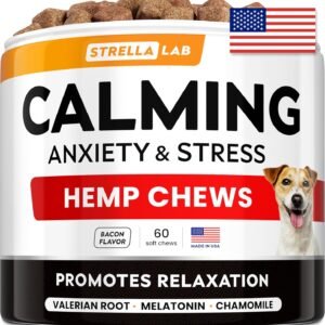Advanced Calming Chews for Dogs - Hemp Chews and Melatonin - Anxiety Relief - Sleep Aid - Relaxing Treats - Stress Relief During Fireworks, Storms, Thunder, Barking - Made in USA - BBQ - 60ct