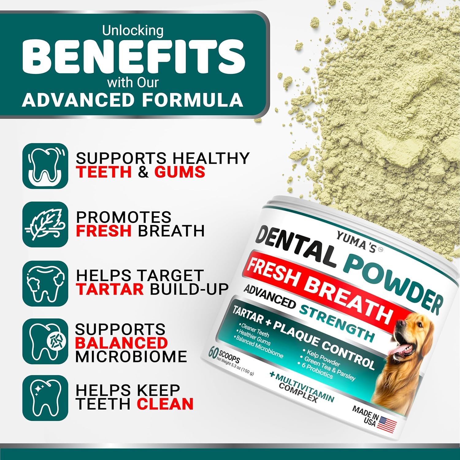 Advanced Dog Dental Powder, Breath Freshener, Dog Teeth Cleaning Powder, Bad Breath & Tartar and Plaque Off Remover for Dogs with Probiotics lab co, Pet Oral Care - 60 Scoops - Made in USA - Image 2