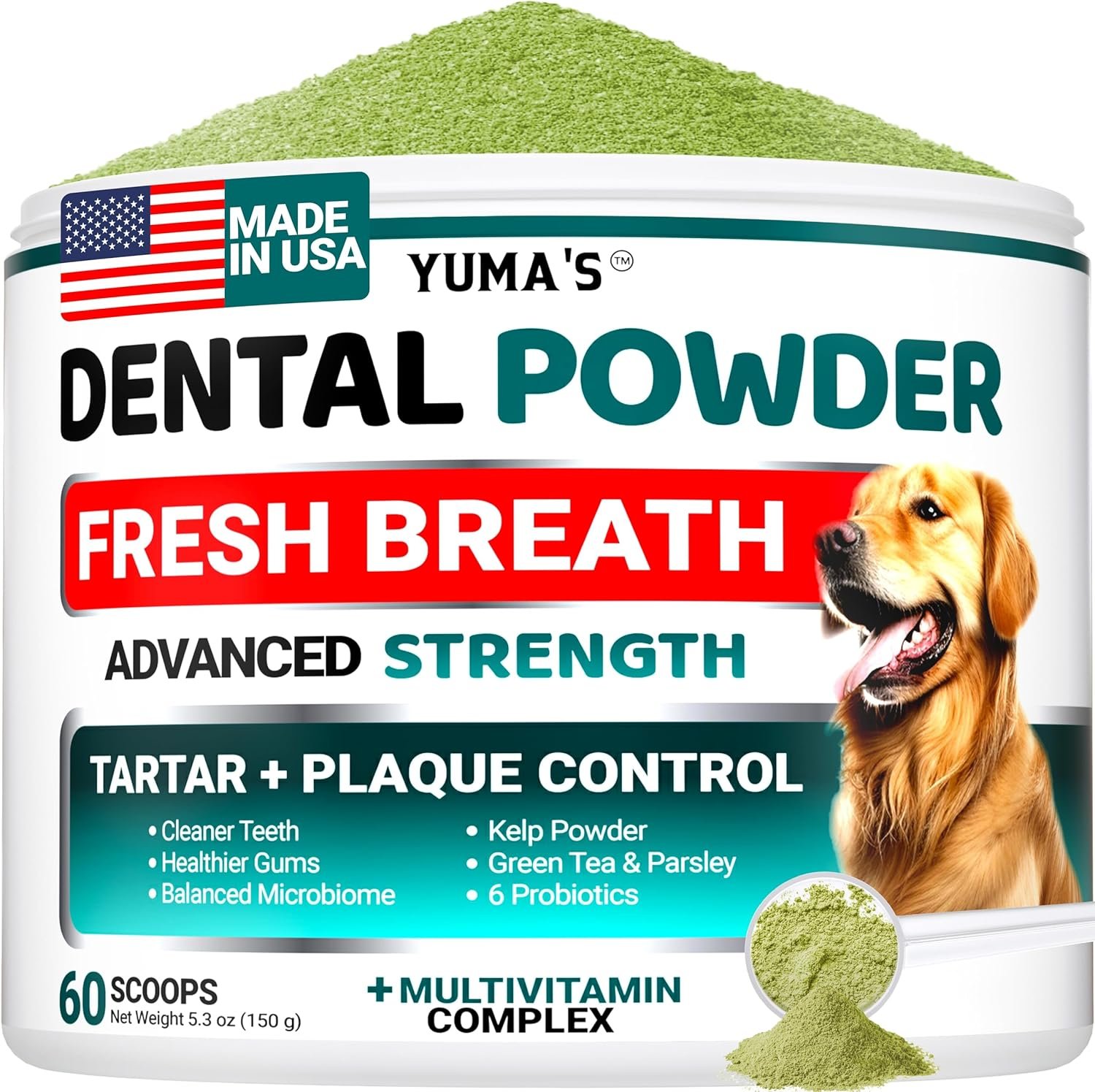 Advanced Dog Dental Powder, Breath Freshener, Dog Teeth Cleaning Powder, Bad Breath & Tartar and Plaque Off Remover for Dogs with Probiotics lab co, Pet Oral Care - 60 Scoops - Made in USA