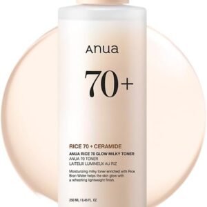 Anua Rice 70 Glow Milky Toner, Glass & Dewy Skin, Hydrating & Barrier Care, Rice Water, Niacinamide, Ceramides, All Skin Types, Fragrance-Free, Non Comedogenic, Korean Skincare, 8.45fl.oz
