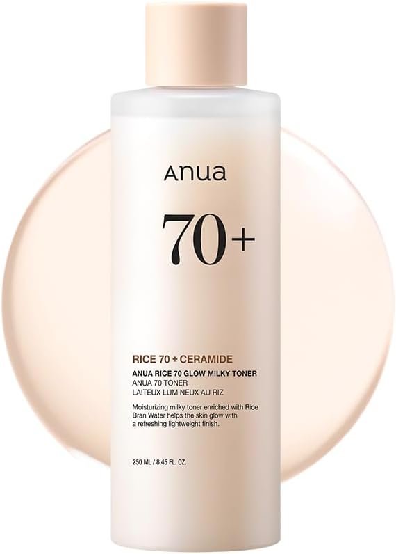 Anua Rice 70 Glow Milky Toner, Glass & Dewy Skin, Hydrating & Barrier Care, Rice Water, Niacinamide, Ceramides, All Skin Types, Fragrance-Free, Non Comedogenic, Korean Skincare, 8.45fl.oz