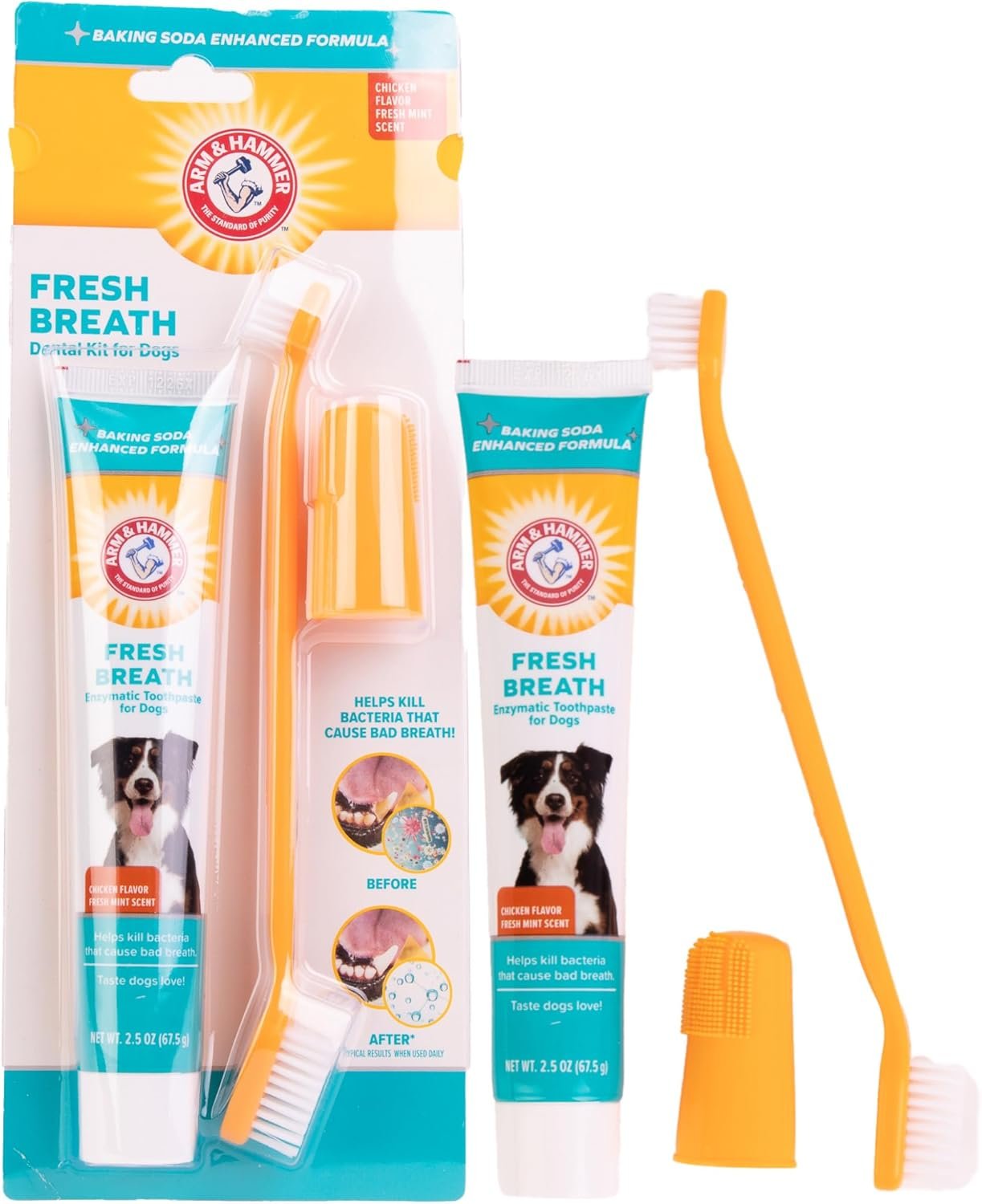 Arm & Hammer for Pets Fresh Breath Enzymatic Dog Dental Care Kit, Dog Toothpaste Kit with Toothbrush and Finger Brush for Tartar Control and Oral Hygiene, Chicken Flavor, 2.5 oz, 3-Piece Kit