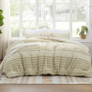 BEDELITE Boho Comforter Set Queen Size, Beige Tufted Striped Bed Set 3 Pieces, Soft Cream Vintage Farmhouse Comforter for All Seasons, Boho Home Decor,Fluffy Jacquard Bedding with 2 Pillow Shams