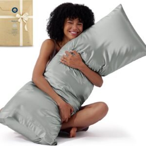 Bedsure Satin Body Pillow Pillowcase - Similar to Silk Body Pillow Cover Case with Envelope Closure,Cooling and Silky Long Pillowcase for Hair and Skin,Grey,20x54 Inches