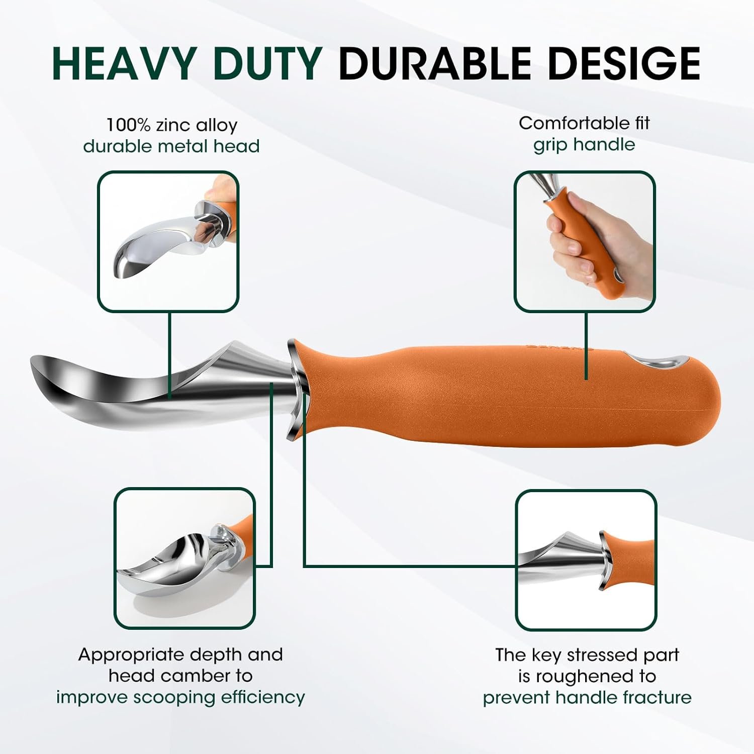 Beneno Heavy Duty Ice Cream Scoop - Upgraded Anti-Fracture Design, Comfortable Grip Long Handle, Effortless Scooping & Dishwasher Safe, Orange - Image 2