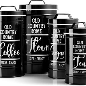 Black Canisters Sets for the Kitchen, Airtight Kitchen Canisters for Countertop, Flour and Sugar Containers, Tea Coffee Sugar Canister Set, Black Kitchen Decor and Accessories, Set of 4