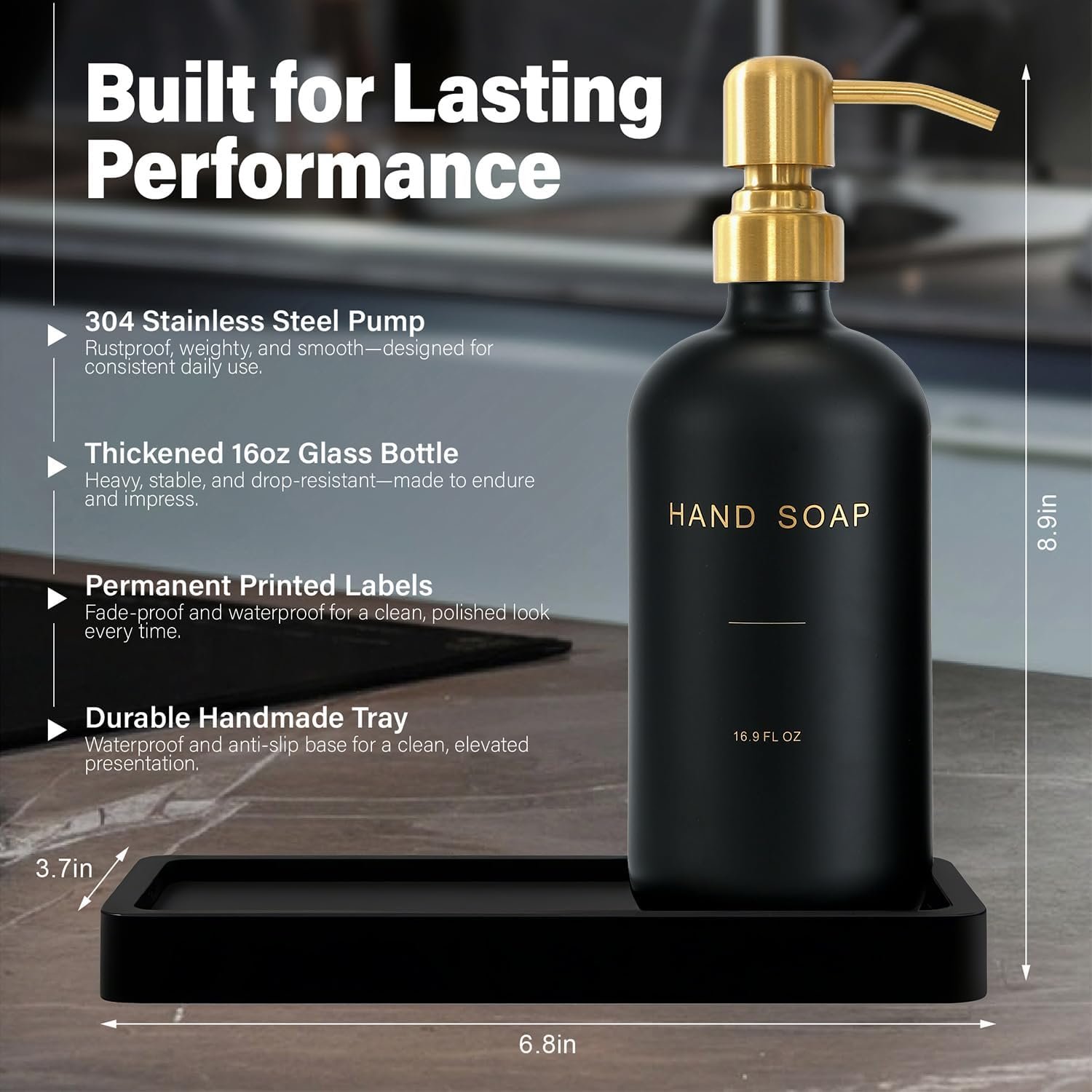 Black Soap Dispenser for Kitchen Sink, Hand and Dish Soap Dispenser with Stainless Steel Pump, Perfect for Gold Kitchen Accessories. (Gold & Black) - Image 2