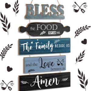 Bless The Food Before Us Sign Farmhouse Kitchen Wall Decor Rustic Dining Room Wall Art Dining Room Decorations Collage Art Wooden Rustic Country Vintage Kitchen Hanging Wood Signs (Blue)