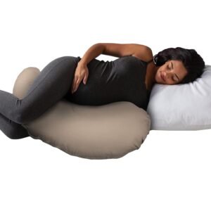 Boppy Cuddle Pregnancy Pillow with Removable Organic Cotton Cover - Compact Ergonomic Maternity Pillow, Versatile Support, Great Side Sleeper Pillow, Washable, with Cooling Rayon Cover - Biscuit