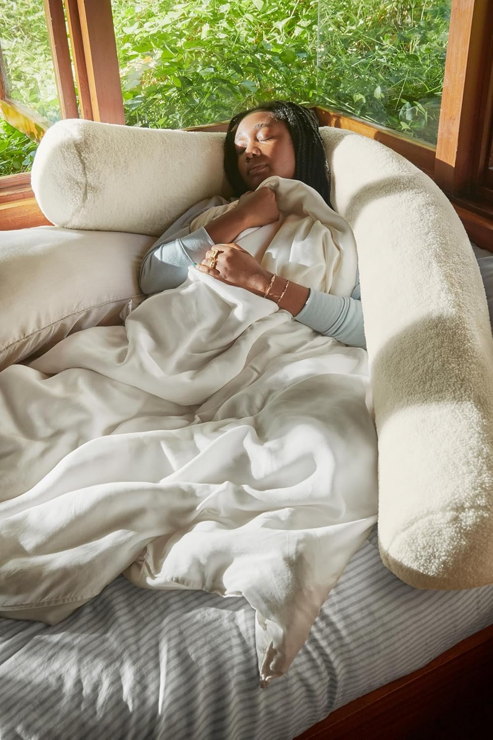 Buffy Wiggle Pregnancy Pillow – Full-Body Support, Plush Tie-able Design, Eucalyptus Lyocell Cover, Recycled Fill