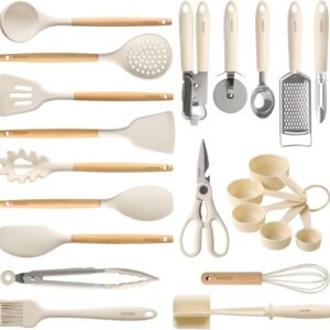 CAROTE 22pcs Silicone Cooking Utensils Set, 446°F Heat Resistant Kitchen Utensils Gadgets Set, Spatula, Turner, Whisk, Tongs