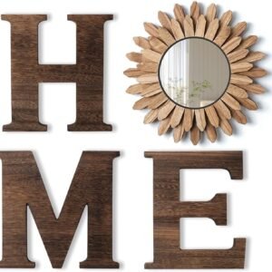CHIF HAUTH Wood Home Sign with Sunflower Shaped Wood Mirror for O, Thick Letters for Wall Art, Rustic Decor, Farmhouse Home Wall Decor for Living Room, Entryway