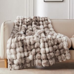 COOVA Faux Fur Throw Blanket for Couch, Cozy Soft and Fuzzy Plush Rabbit Fur Bubble Blanket for Sofa Bedroom Living Room, 50x60 Inches Tie Dye Brown