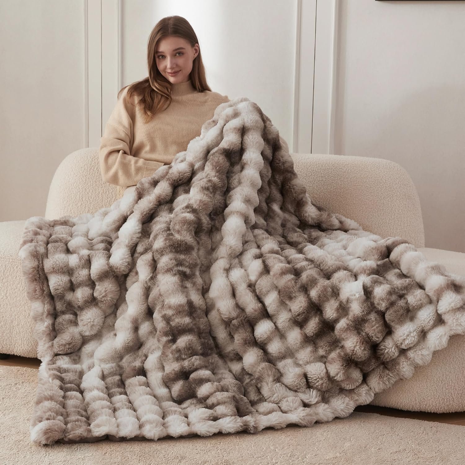 COOVA Faux Fur Throw Blanket for Couch, Cozy Soft and Fuzzy Plush Rabbit Fur Bubble Blanket for Sofa Bedroom Living Room, 50x60 Inches Tie Dye Brown - Image 2