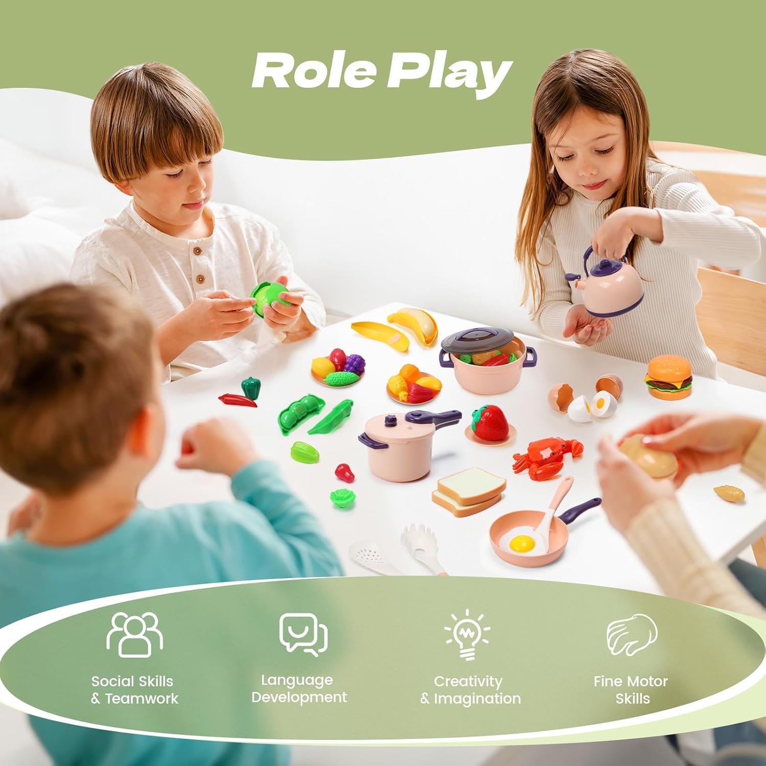 CUTE STONE 51-Piece Mini Play Kitchen Accessories for Kids, Pretend Cooking Playset with Pots, Pans, Utensils, Cutting Fun Fruits & Veggies, Learning Gift for Toddlers, Girls & Boys - Image 2