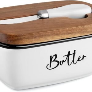 Ceramic Butter Dish with Lid and Knife for Countertop, Airtight Butter Keeper for Counter or Fridge, Butter Container with Thick Acacia Wood Lid, for Farmhouse Kitchen Decor and Accessories, White