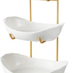 Ceramic Fruit Bowl for Kitchen Counter - 3 Tier Fruit Basket with Metal Stand, Tiered Fruit Stand for Countertop, Snack, Nuts, Cake, Dessert, Cute (Gold, Small)