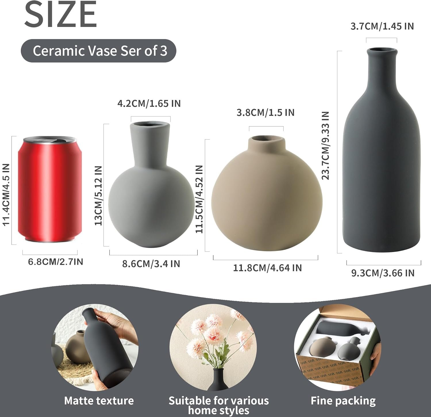 Ceramic Vase Set of 3 | Neutral Vases Home Decor | Modern Flower Pottery Vases Rustic Farmhouse Vase for Table Entryway Mantel Centerpiece Bookshelf Living Room Bathroom Bedroom -Multicolor Large - Image 2