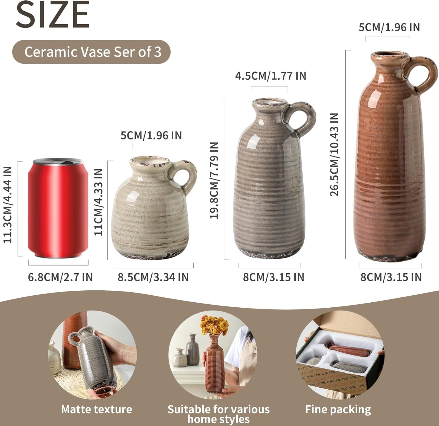 Ceramic Vases Set of 3, Neutral Rustic Farmhouse Vase with Handle, Decorative Flower Vases Home Decor Modern Boho Pampass Vase for Table Mantel Entryway Shelf Living Room Kitchen Bathroom - Brown - Image 2