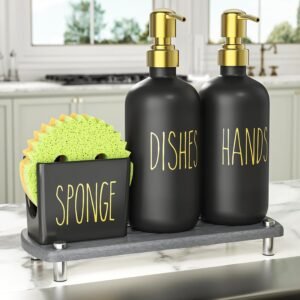 Cisily Kitchen Soap Dispenser Set Comes with Ceramics Sponge Holder, Gold Pumps, and Instant Dry Tray, Hand and Dish Soap Dispenser Set Suitable for Kitchen Decor and Accessories(Black & Gold)