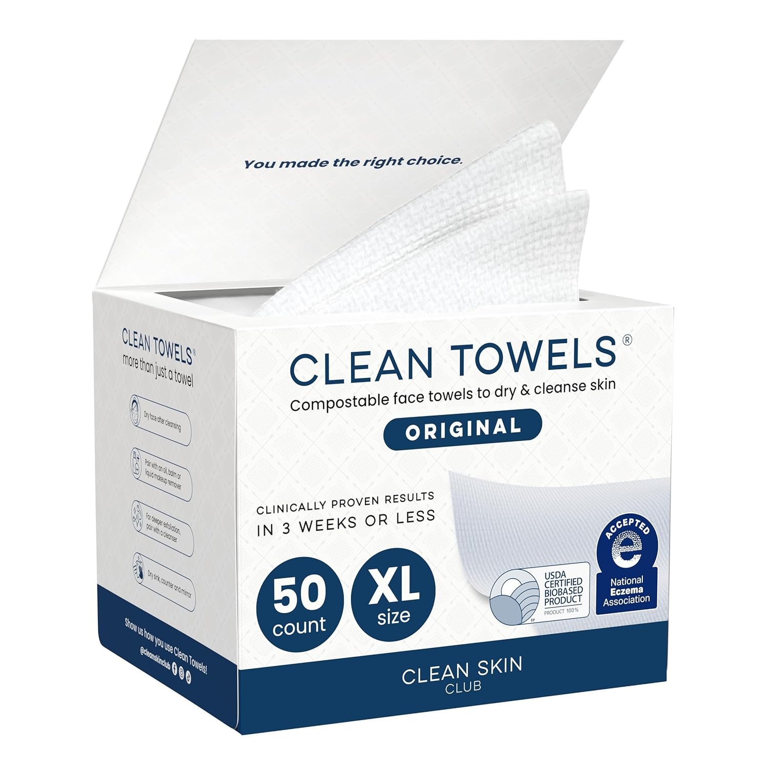 Clean Skin Club Clean Towels XL®, 100% USDA Biobased Face Towel, Disposable Face Towelette, Eczema Association Accepted, Makeup Remover Dry Wipes, Ultra Soft, 1 Pack, 50 Ct