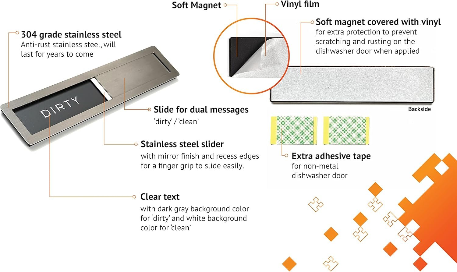 Clean dirty magnet for dishwasher, Kubik Letters Premium Stainless Steel Grade 304, Kitchen Organizers and Storage Decor Accessories, Extra Adhesive Tapes Included. - Image 2