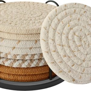 Coasters Set of 8 for Drinks, Beer, Coffee, Cotton Woven 4 Colors Absorbent Coaster with Holder, Boho Coasters for Home Decor Tabletop Protection Suitable for Kinds of Cups, Coffee