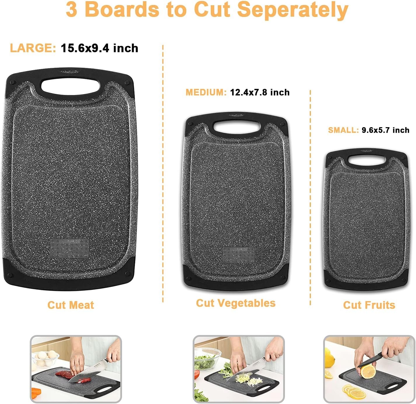 Cutting Boards for Kitchen, Large-Small Cutting Board Set of 3, Dishwasher Safe, Juice Groove, Easy Grip Handle, Non-Slip Rubber Cutting Board - Image 2