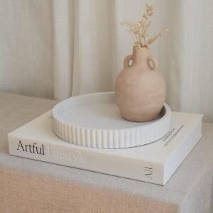 Decorative Concrete Tray & Book Decor Set - Scalloped Tray & Linen Box Enhance Your Coffee Table or Bookshelf Decor - Stylish Home Decoration for Your Living or Dining Room & as a Housewarming Gift