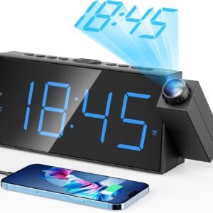 Digital Projection Alarm Clocks for Bedrooms - Large LED Display, 180° Rotatable Projector, 5-Level Dimmer,USB Charger,Battery Backup,Loud Dual Alarms for Kids Elderly,Heavy Sleepers,Snooze,12/24H,DST