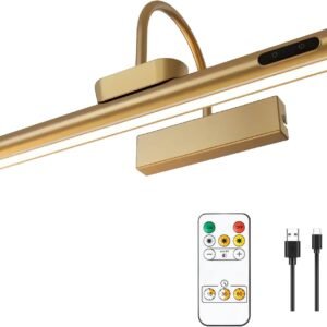 Dimmable Cordless Picture Light with Controller and Timer, Rechargeable 5000mAh Battery Wall Sconce for Wall Pictures, Gallery Artwork, Paintings, Portraits, Dartboards (Gold)