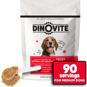 Dinovite 3 in 1 Probiotic for Medium Dogs, Skin & Coat, Digestive Health & Joint Relief, Dog Food Toppers, Immune Support, Allergy Relief & Itch Relief Skin Care, 90 Servings (18-45lb)