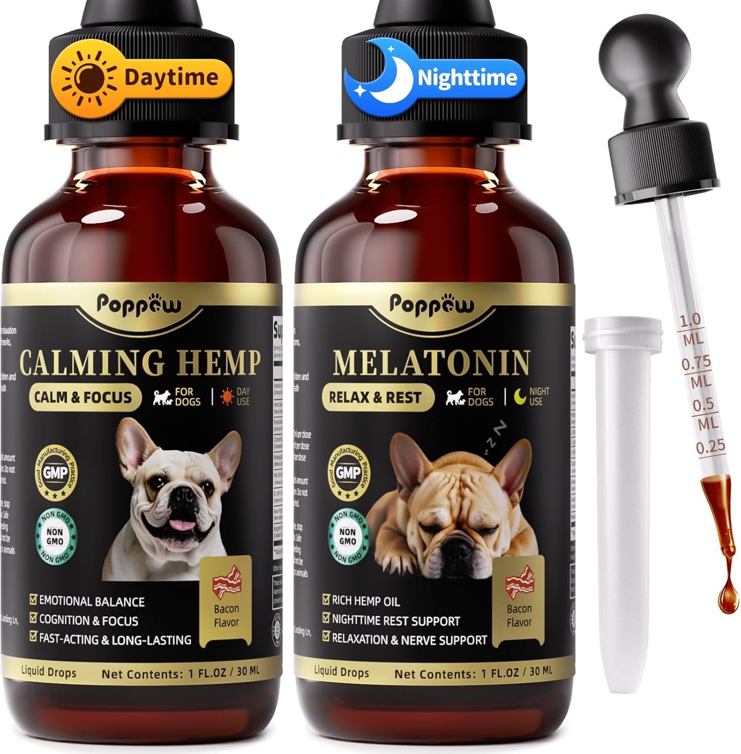 Dog Calming & Melatonin Drops, Day & Night Calm Support Set, Anxiety & Stress Support Calming Treat, Enhance Calmness & Sleep for Separation, Travel, Fireworks & Thunder, Bacon Flavor, 2 FL.Oz