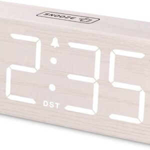 DreamSky Wooden Digital Alarm Clock for Bedroom - Desk Clock for Living Room with Large Numbers, Dimmer, Loud Alarm for Heavy Sleepers with Volume Control, DST, Office Wood Decor (Plug in Clock)