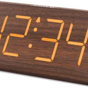 DreamSky Wooden Digital Alarm Clocks for Bedrooms - Electric Desk Clock with Large Numbers, USB Port, Loud Alarm for Heavy Sleepers, Adjustable Volume, Dimmer, Snooze, DST, Wood Décor, Adapter Powered