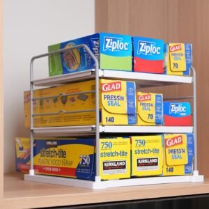 EVERIE Extendable 3-Tier Holder for Heavy Items, Jars, Bottles, Cans, Plastic Bags, Wrap, Foil, Snack and Box for Kitchen,Counter, Cabinets, 11'' to 16.7'' Wide (11“ - 16.7” Wide, Piece, 1)