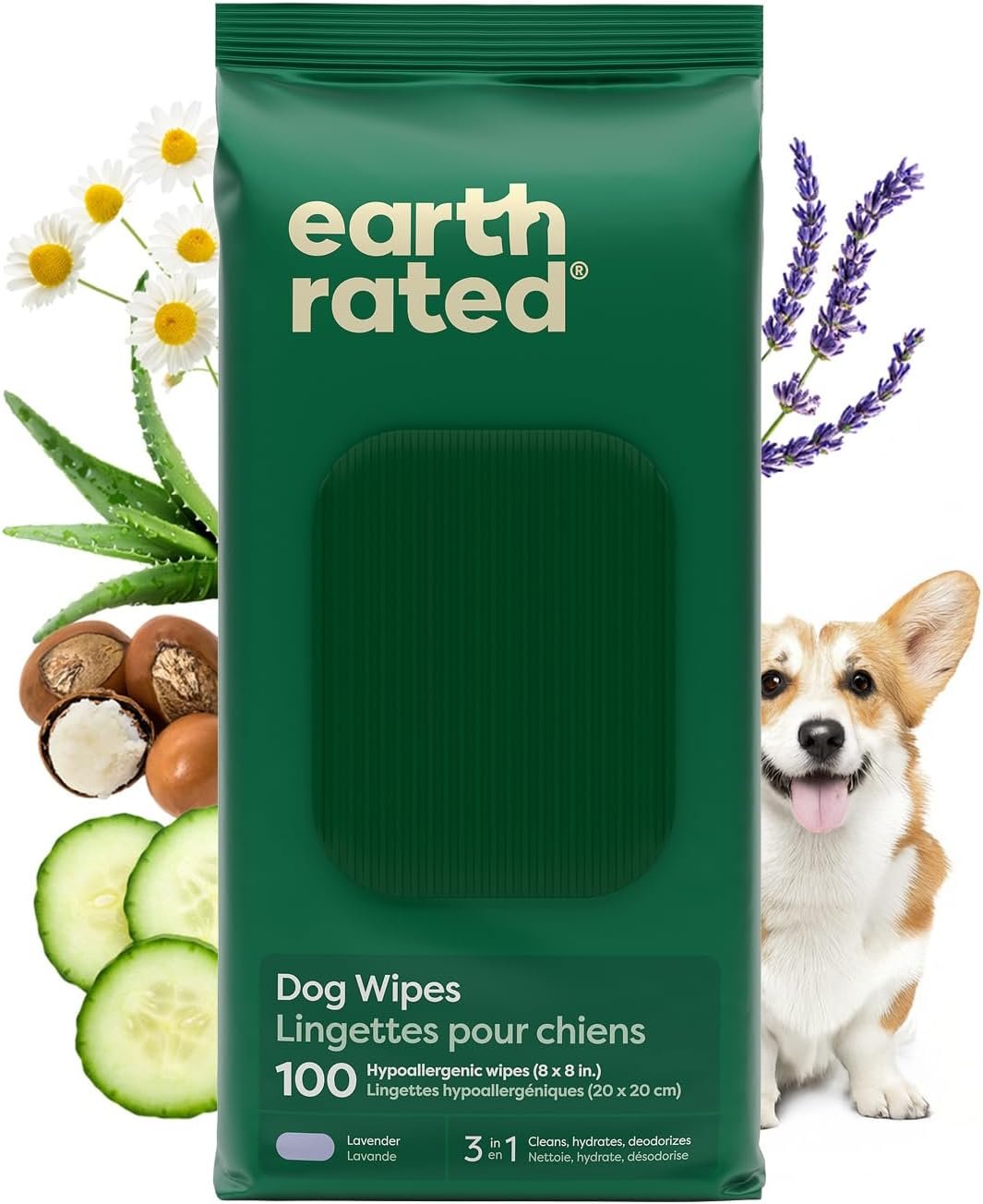 Earth Rated Dog Wipes, Hypoallergenic, 3-in-1 Cleaning and Hydrating, for Grooming Paws, Body and Butt, Lavender Scented, 100 Count