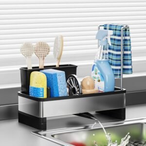 Ewaiira Stainless Steel Sink Caddy, Sponge Holder for Kitchen Sink with Brush Holder & Dishcloth Rack, Rustproof Sink Organizer Countertop, Soap Dispenser Kitchen Organizers Storage Essentials, Black