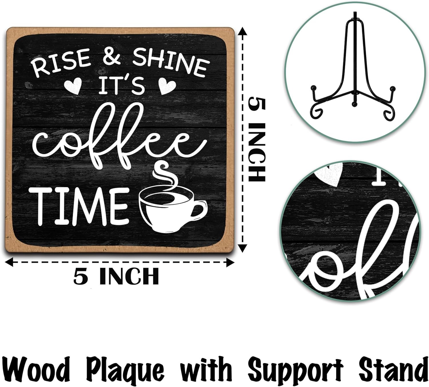 Farmhouse Coffee Bar Sign, Rise & Shine It's Coffee Time, 5"x5" Wood Plaque with Stand Gift for Home Kitchen Tabletop Decor -B09 - Image 2