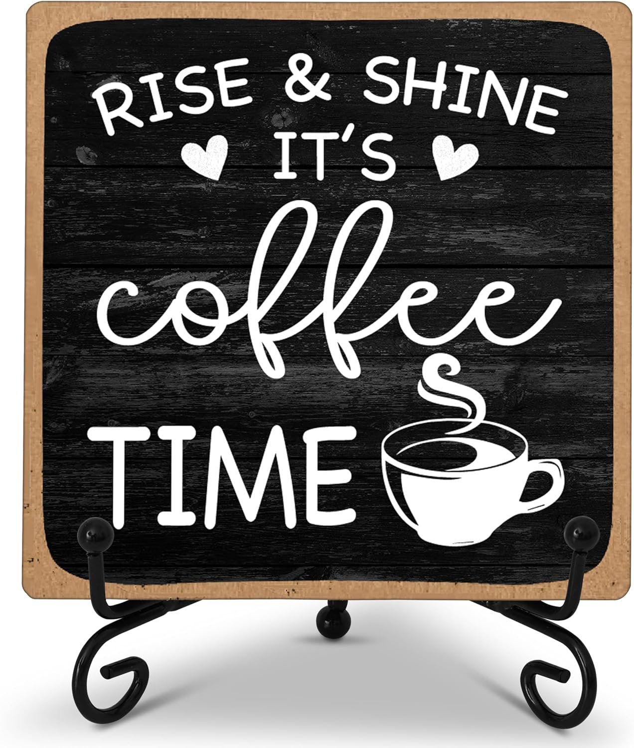 Farmhouse Coffee Bar Sign, Rise & Shine It's Coffee Time, 5"x5" Wood Plaque with Stand Gift for Home Kitchen Tabletop Decor -B09