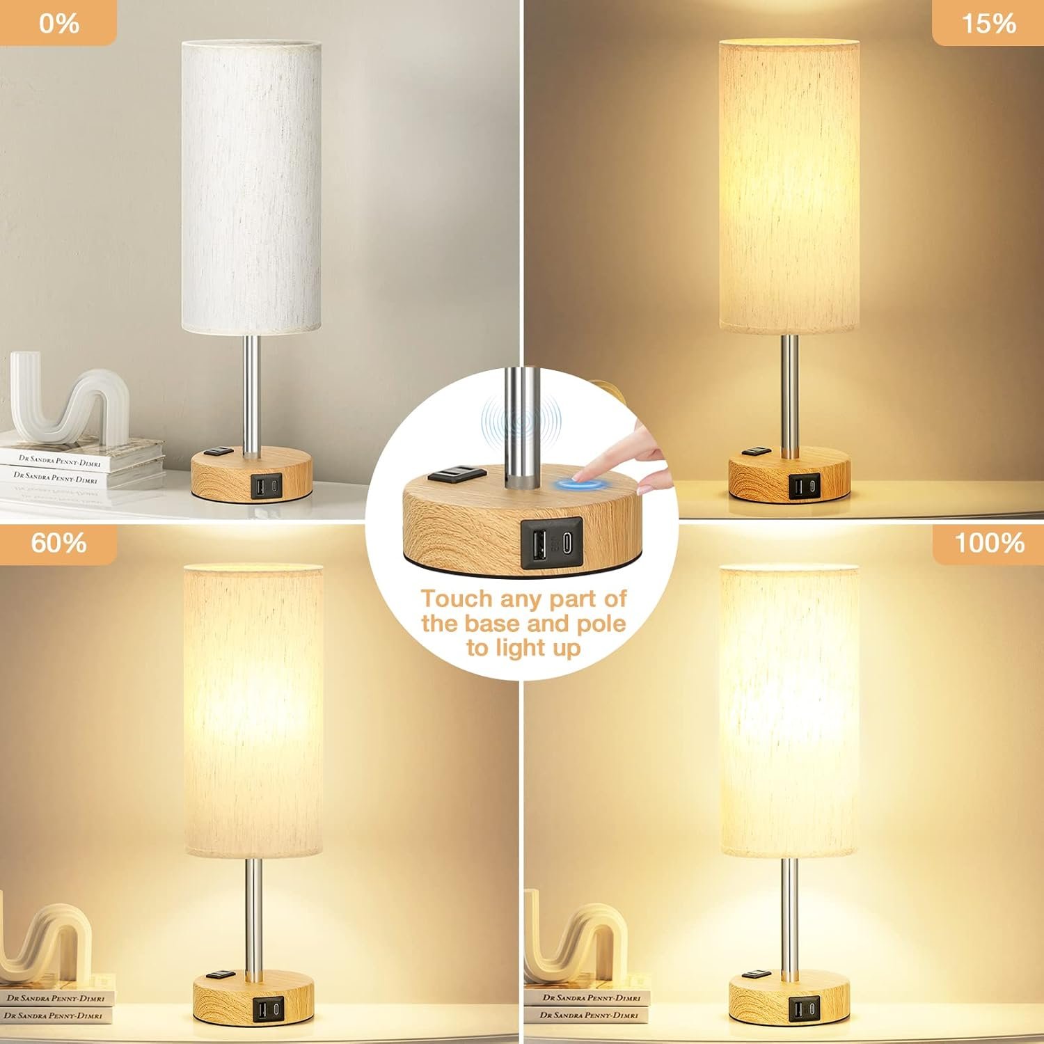 Fenmzee Bedside Table Lamp for Bedroom - 3 Way Dimmable Touch Lamp USB C Charging Ports and AC Outlet, Small Lamp Wood Base Round Flaxen Fabric Shade for Living Room, Desk, LED Bulb Included - Image 2