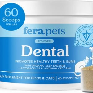 Fera Pets Cat & Dog Dental Support Powder - Supports Fresh Breath - Promotes Healthy Teeth and Gums - Targets Tartar Build-Up - Includes Kelp, Enzymes & Postbiotics - 60 Scoops