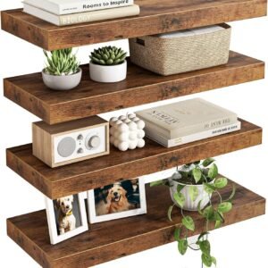 Fixwal 15.8in Wall Shelves, Rustic Wood Finish Floating Shelves Set of 4, Shelves for Wall Decor, with Invisible Brackets for Bathroom, Living Room,Bedroom and Kitchen(Rustic Brown) | Wall Shelves, for Bathroom, Living Room, Bedroom, Kitchen