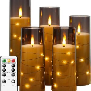 Flameless LED Candles with Timer 5 Pc Flickering Flameless Candles for Romantic Ambiance and Home Decoration Stable Acrylic Shell,with Embedded Star String,Battery Operated Candles(Grey)