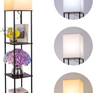 Floor Lamp with Shelves, Modern Square Standing Lamp with 3 Color Temperature Bulb, Corner Display Bookshelf Lamp for Living Room, Bedroom and Office (Black)
