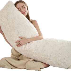 Fluffy Faux Rabbit Fur Body Pillow,Memory Foam Pregnancy Pillow for Side Sleep Body Pillow,20x54 Long Pillow for Adults-Beige